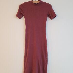 KOTN Plum Ribbed Bodycon Mock Neck Dress Small